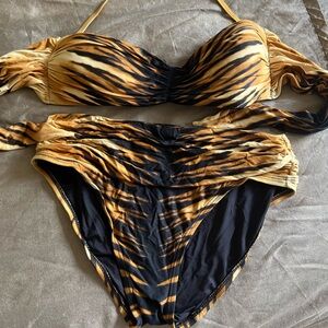 Carmen Marc Valvo Designer Black and Orange Tiger Striped Bikini Top & Bottom